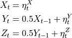 X_t &= \eta^X_t \\
Y_t &= 0.5 X_{t-1} +  \eta^Y_t \\
Z_t &= 0.5 Y_{t-1} +  \eta^Z_t