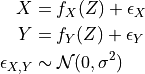 X & =  f_X(Z) + \epsilon_{X} \\
Y & =  f_Y(Z) + \epsilon_{Y}  \\
\epsilon_{X,Y} &\sim \mathcal{N}(0, \sigma^2)